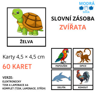 Základní slovní zásoba ZVÍŘATA (60 kartiček), kartičky 4,5 x 4,5 cm